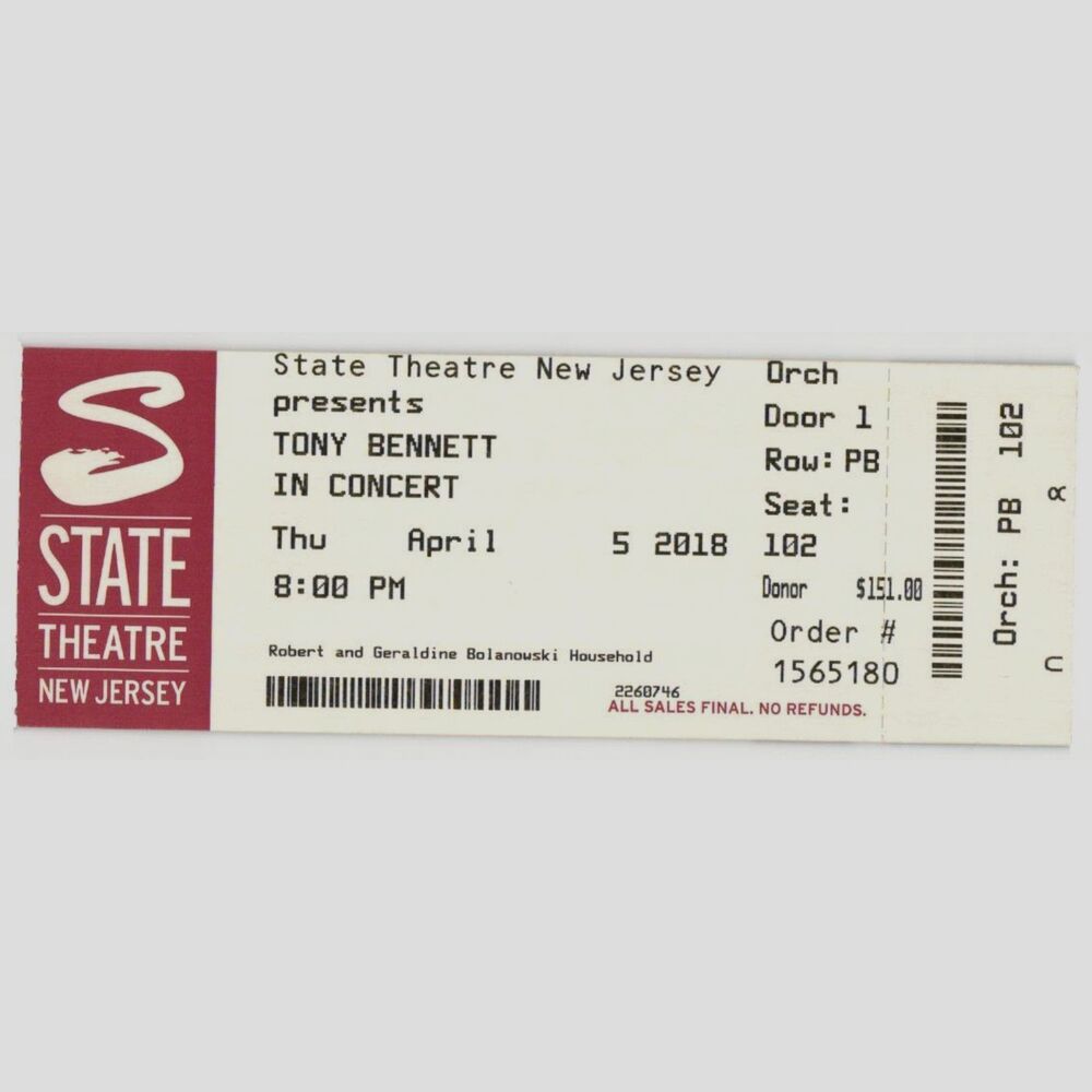 2018 Tony Bennett Concert Ticket Stub New Brunswick NJ